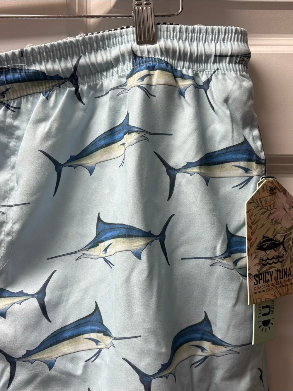 Men's Spicy Tuna Light Blue Marlin Print Swim Trunks